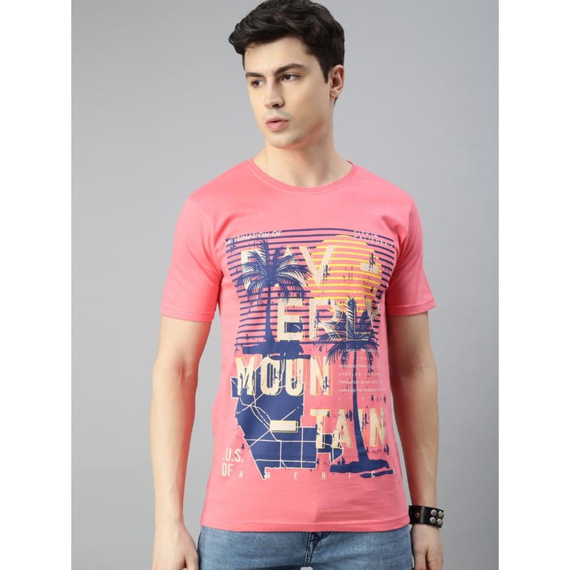 BLACK RADIO Mens Round neck Short Sleeve Graphic Printed Pink T-Shirt