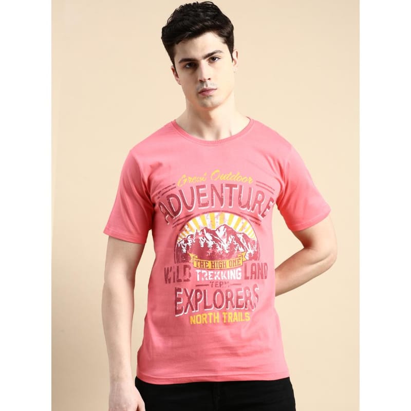 BLACK RADIO Mens Round neck Short Sleeve Graphic Printed Pink T-Shirt