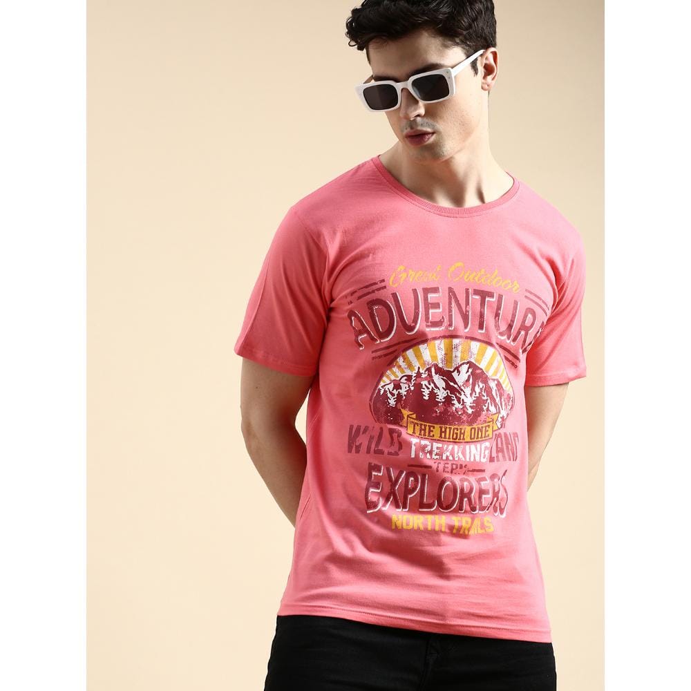 BLACK RADIO Mens Round neck Short Sleeve Graphic Printed Pink T-Shirt