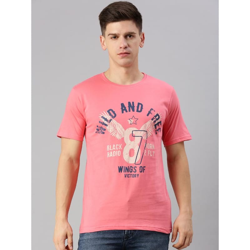 BLACK RADIO Mens Round neck Short Sleeve Graphic Printed Pink T-Shirt