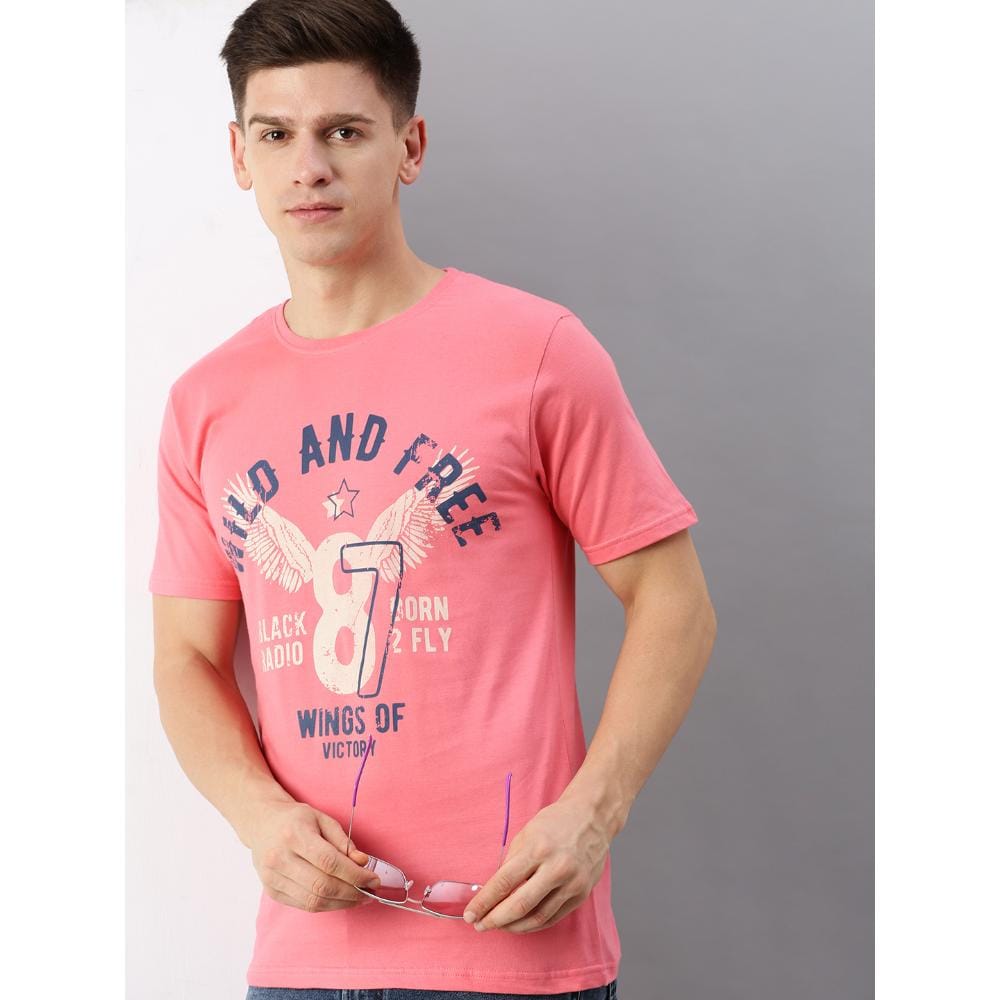 BLACK RADIO Mens Round neck Short Sleeve Graphic Printed Pink T-Shirt