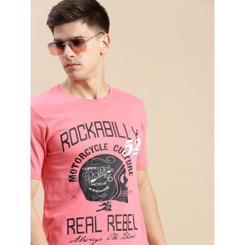 BLACK RADIO Mens Round neck Short Sleeve Graphic Printed Pink T-Shirt