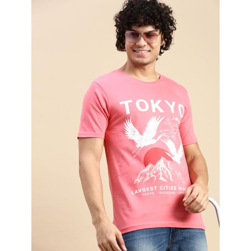 BLACK RADIO Mens Round neck Short Sleeve Graphic Printed Pink T-Shirt