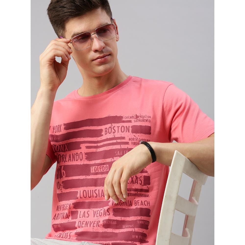 BLACK RADIO Mens Round neck Short Sleeve Graphic Printed Pink T-Shirt