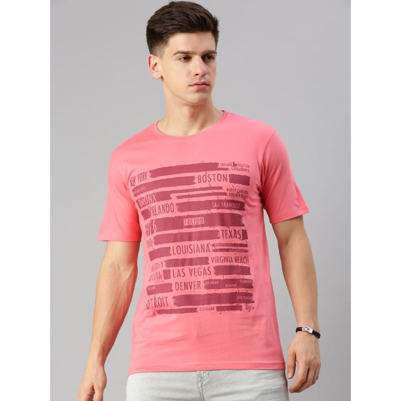 BLACK RADIO Mens Round neck Short Sleeve Graphic Printed Pink T-Shirt