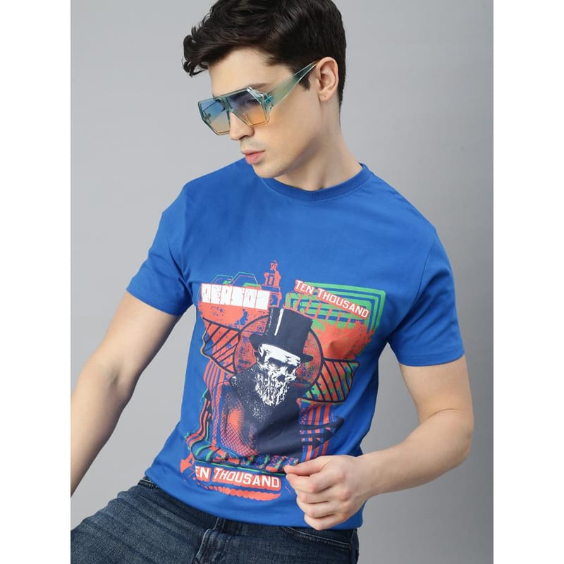 BLACK RADIO Mens Round neck Short Sleeve Graphic Printed Royal Blue T-Shirt