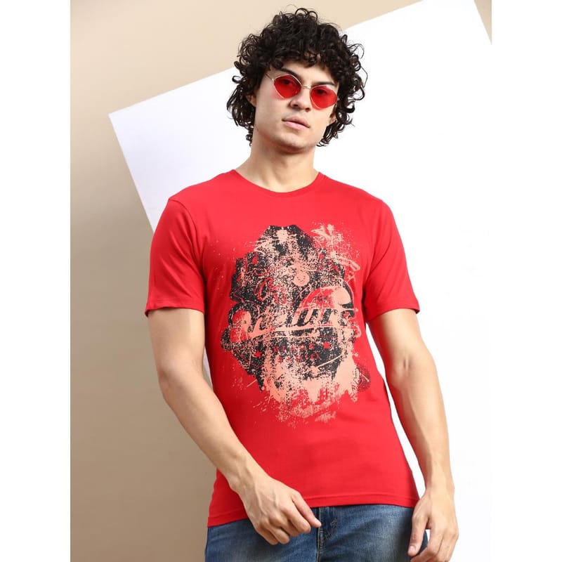 BLACK RADIO Mens Round neck Short Sleeve Graphic Printed Red T-Shirt