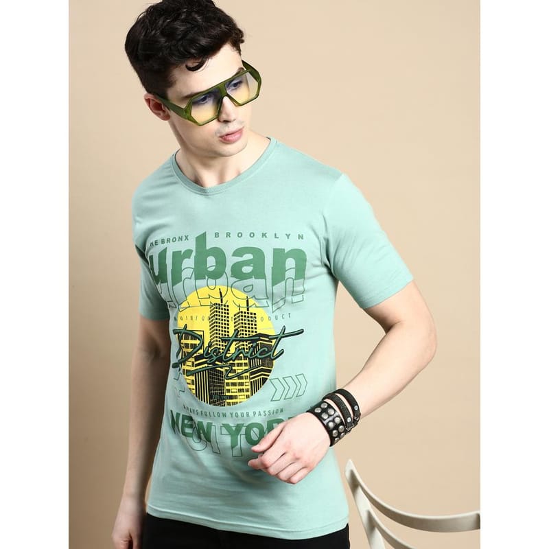 BLACK RADIO Mens Round neck Short Sleeve Graphic Printed Reseda Green T-Shirt