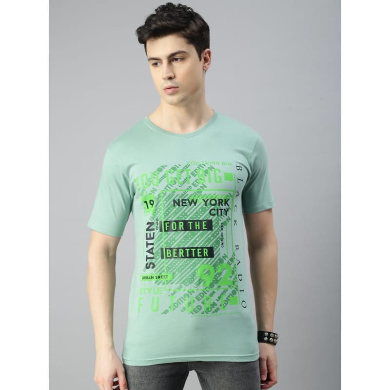 BLACK RADIO Mens Round neck Short Sleeve Graphic Printed Reseda Green T-Shirt