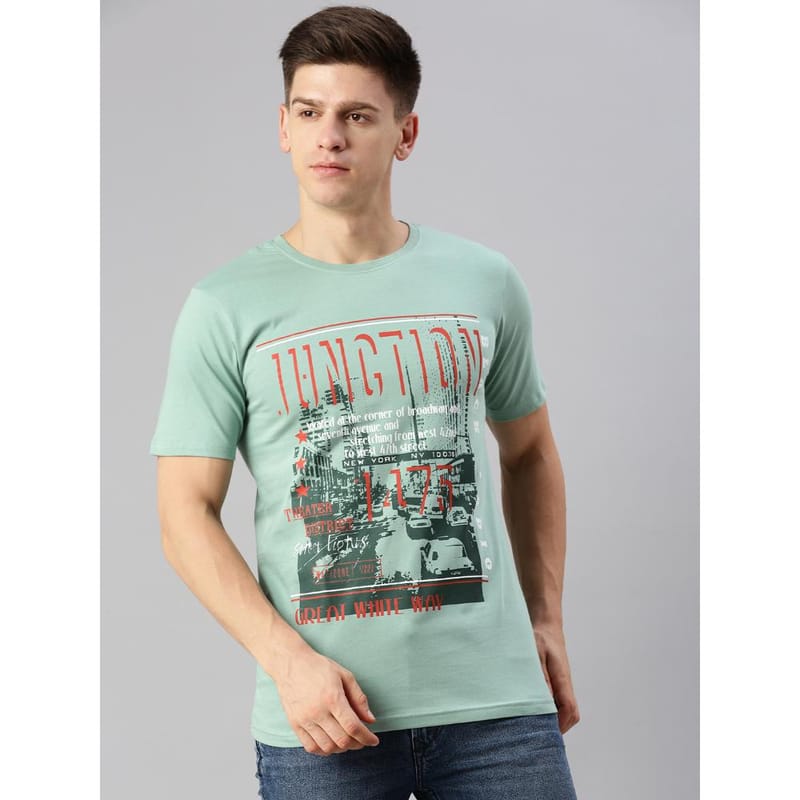 BLACK RADIO Mens Round neck Short Sleeve Graphic Printed Reseda Green T-Shirt