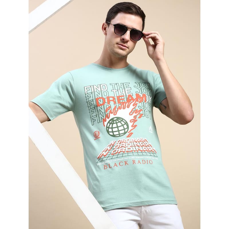 BLACK RADIO Mens Round neck Short Sleeve Graphic Printed Reseda Green T-Shirt