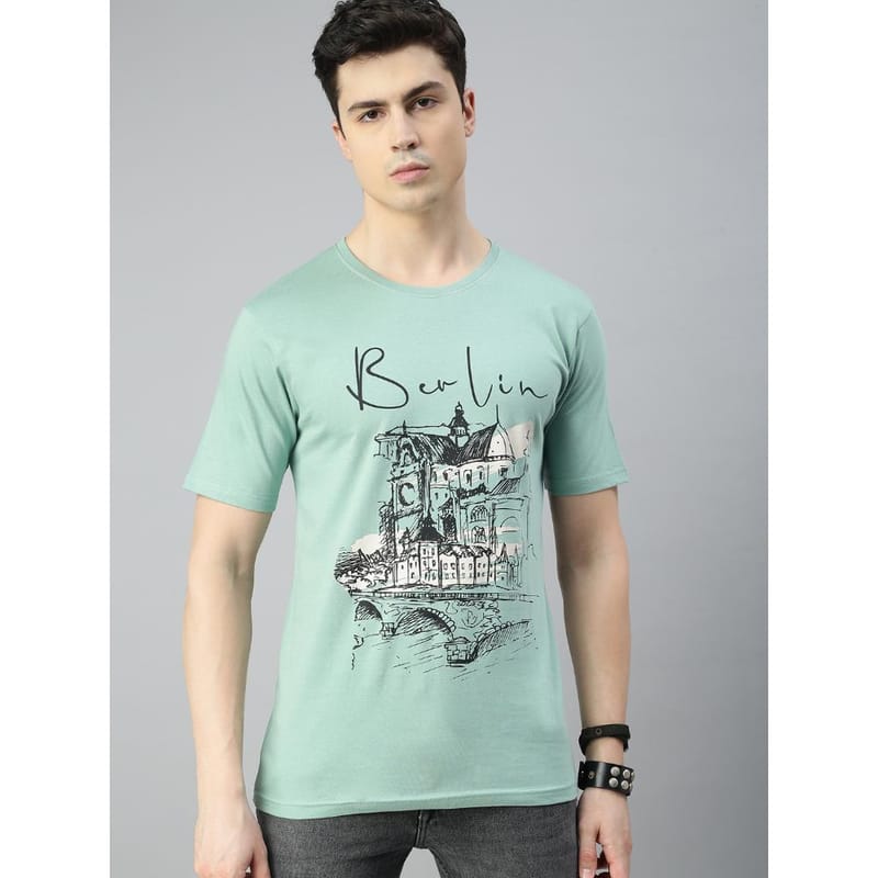 BLACK RADIO Mens Round neck Short Sleeve Graphic Printed Reseda Green T-Shirt