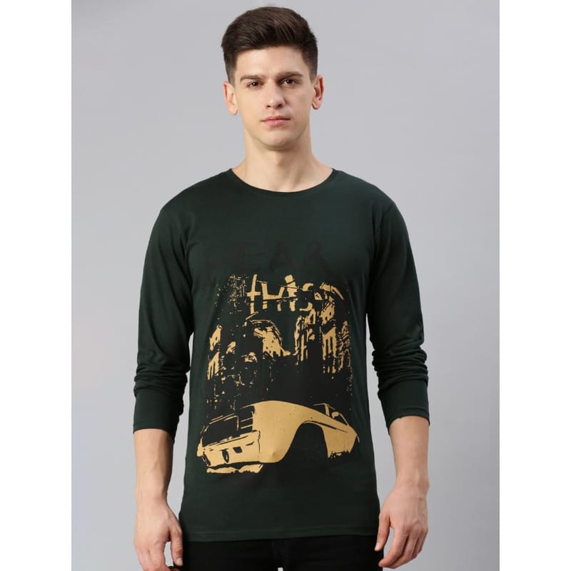 BLACK RADIO Mens Round neck Long Sleeve Graphic Printed Steal Green T-Shirt