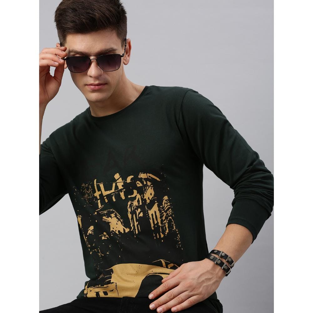 BLACK RADIO Mens Round neck Long Sleeve Graphic Printed Steal Green T-Shirt