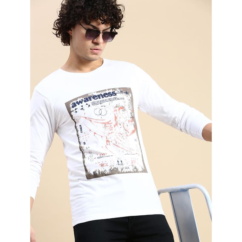 BLACK RADIO Mens Round neck Long Sleeve Graphic Printed White T-Shirt