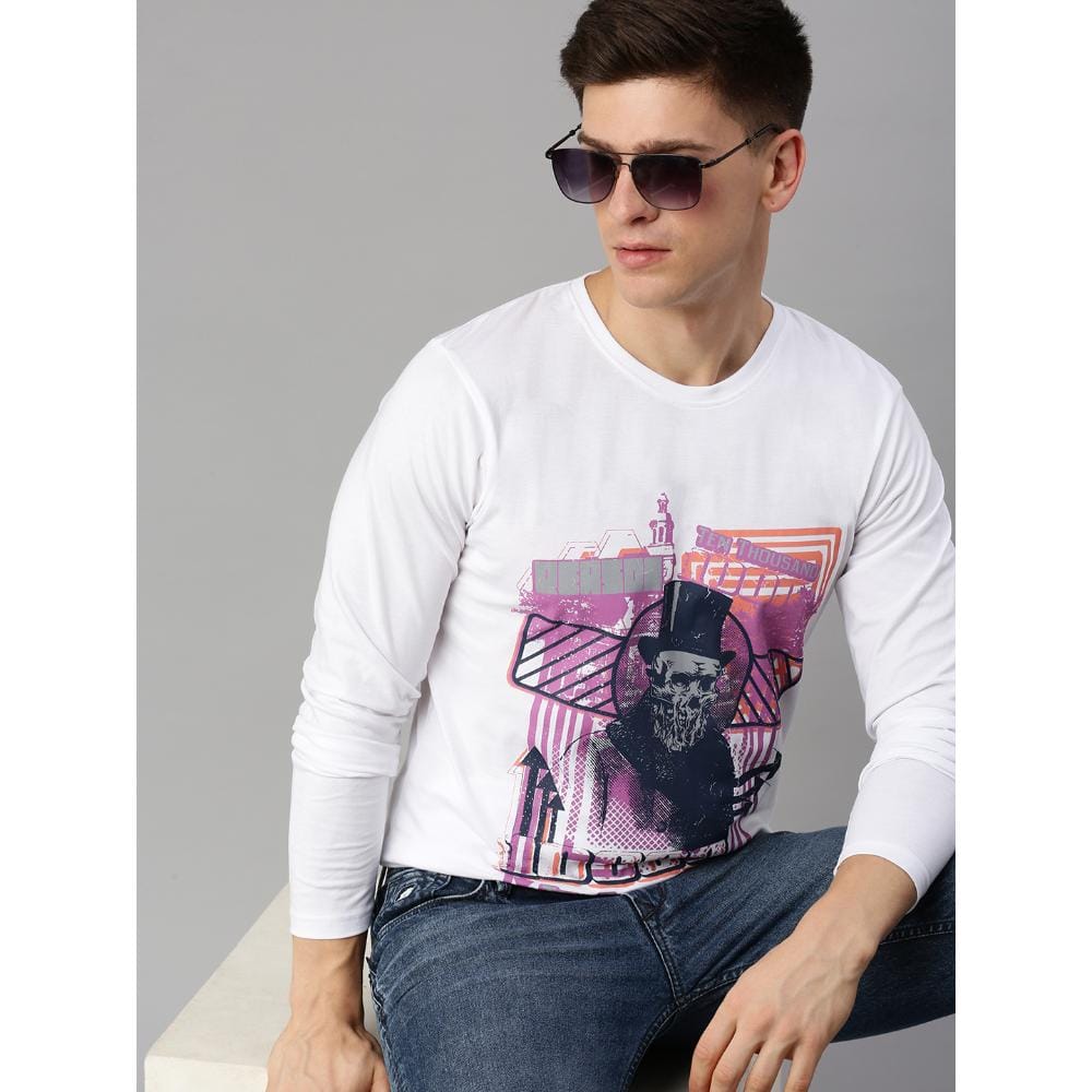 BLACK RADIO Mens Round neck Long Sleeve Graphic Printed White T-Shirt