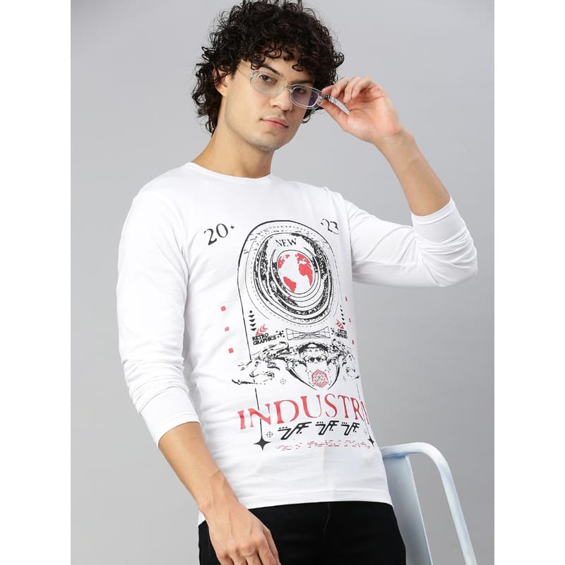 BLACK RADIO Mens Round neck Long Sleeve Graphic Printed White T-Shirt