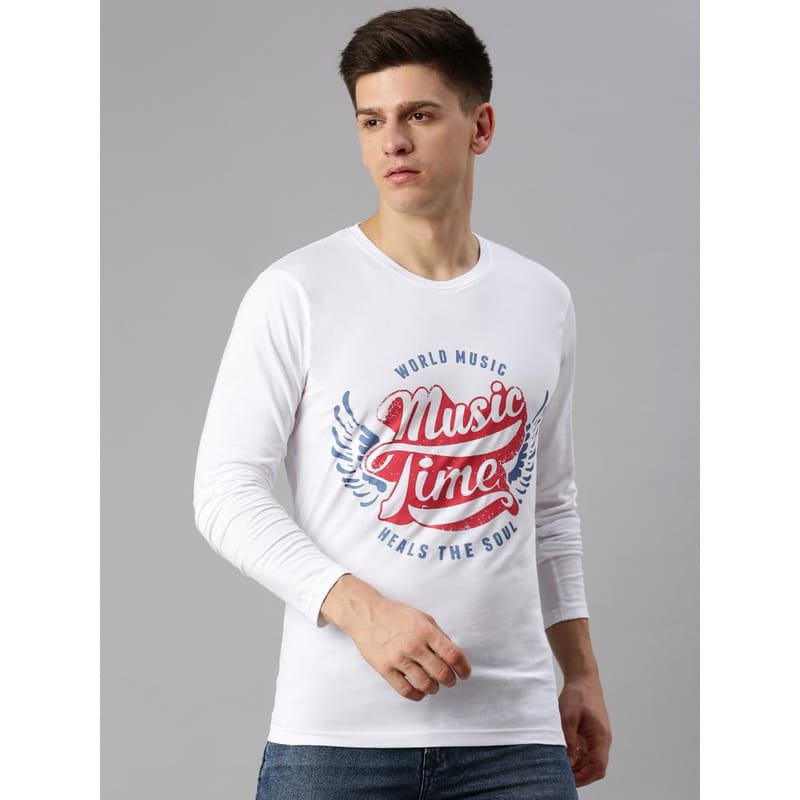 BLACK RADIO Mens Round neck Long Sleeve Graphic Printed White T-Shirt