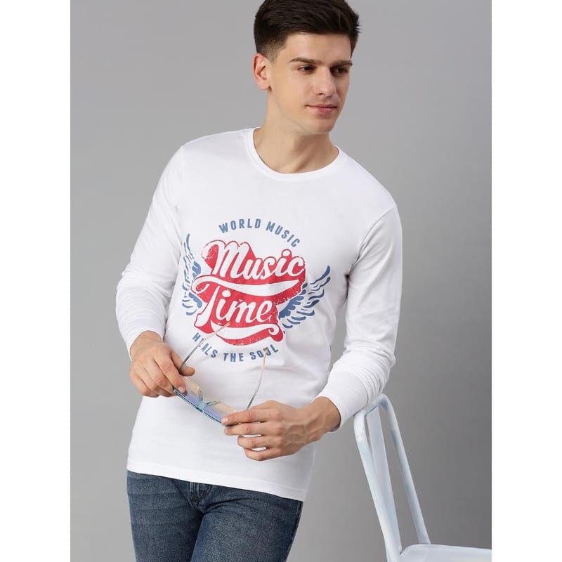 BLACK RADIO Mens Round neck Long Sleeve Graphic Printed White T-Shirt