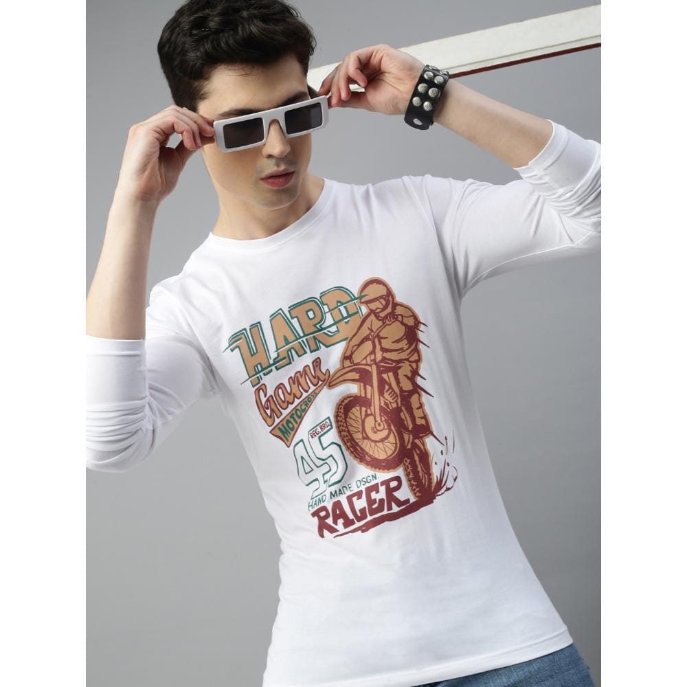 BLACK RADIO Mens Round neck Long Sleeve Graphic Printed White T-Shirt