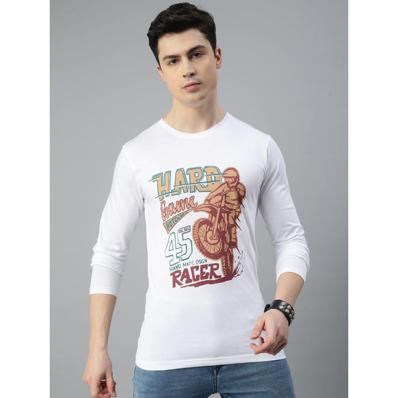 BLACK RADIO Mens Round neck Long Sleeve Graphic Printed White T-Shirt