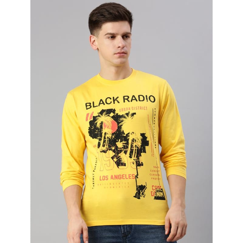 BLACK RADIO Mens Round neck Long Sleeve Graphic Printed Yellow T-Shirt