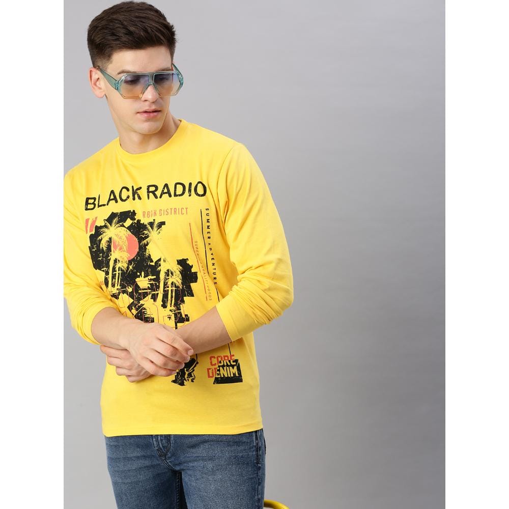 BLACK RADIO Mens Round neck Long Sleeve Graphic Printed Yellow T-Shirt