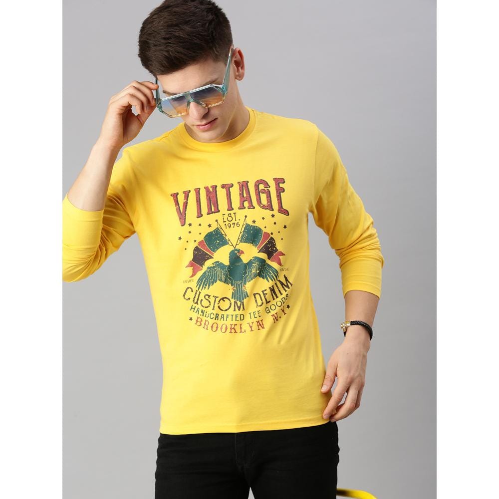 BLACK RADIO Mens Round neck Long Sleeve Graphic Printed Yellow T-Shirt