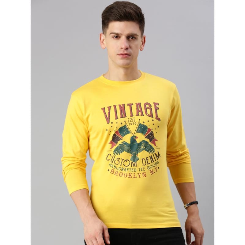 BLACK RADIO Mens Round neck Long Sleeve Graphic Printed Yellow T-Shirt