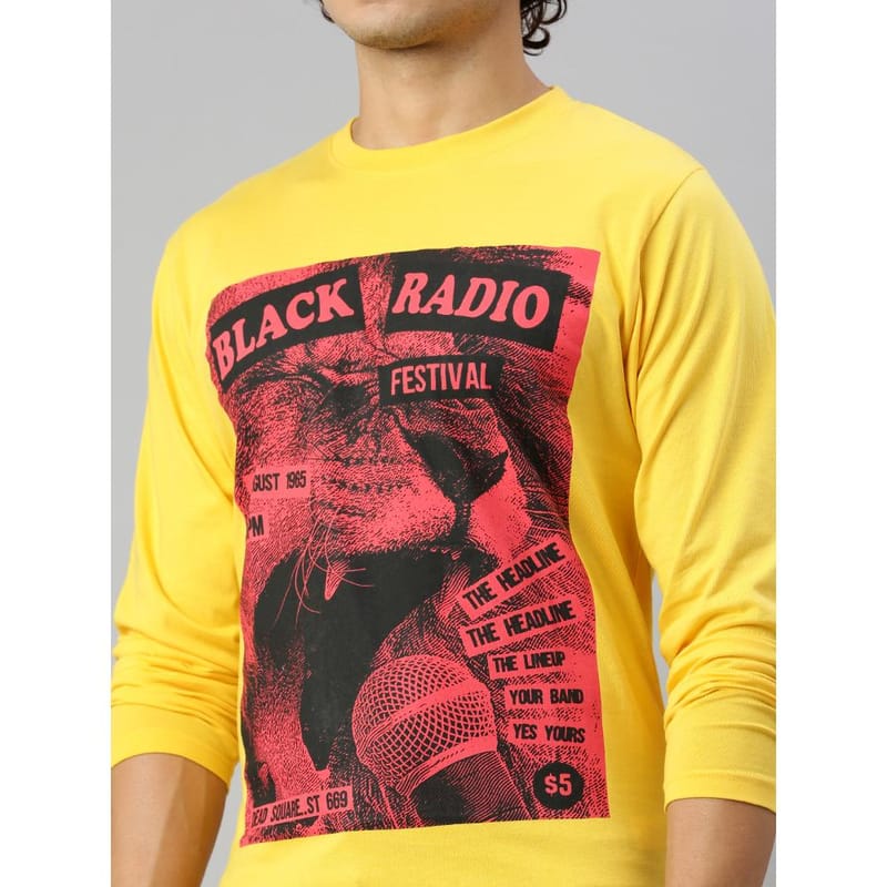 BLACK RADIO Mens Round neck Long Sleeve Graphic Printed Yellow T-Shirt