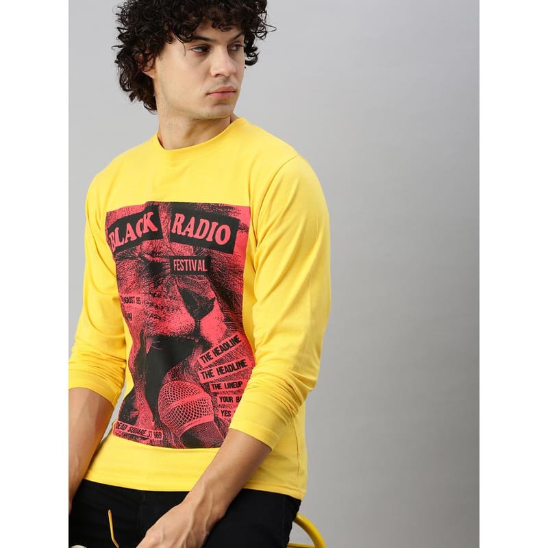 BLACK RADIO Mens Round neck Long Sleeve Graphic Printed Yellow T-Shirt