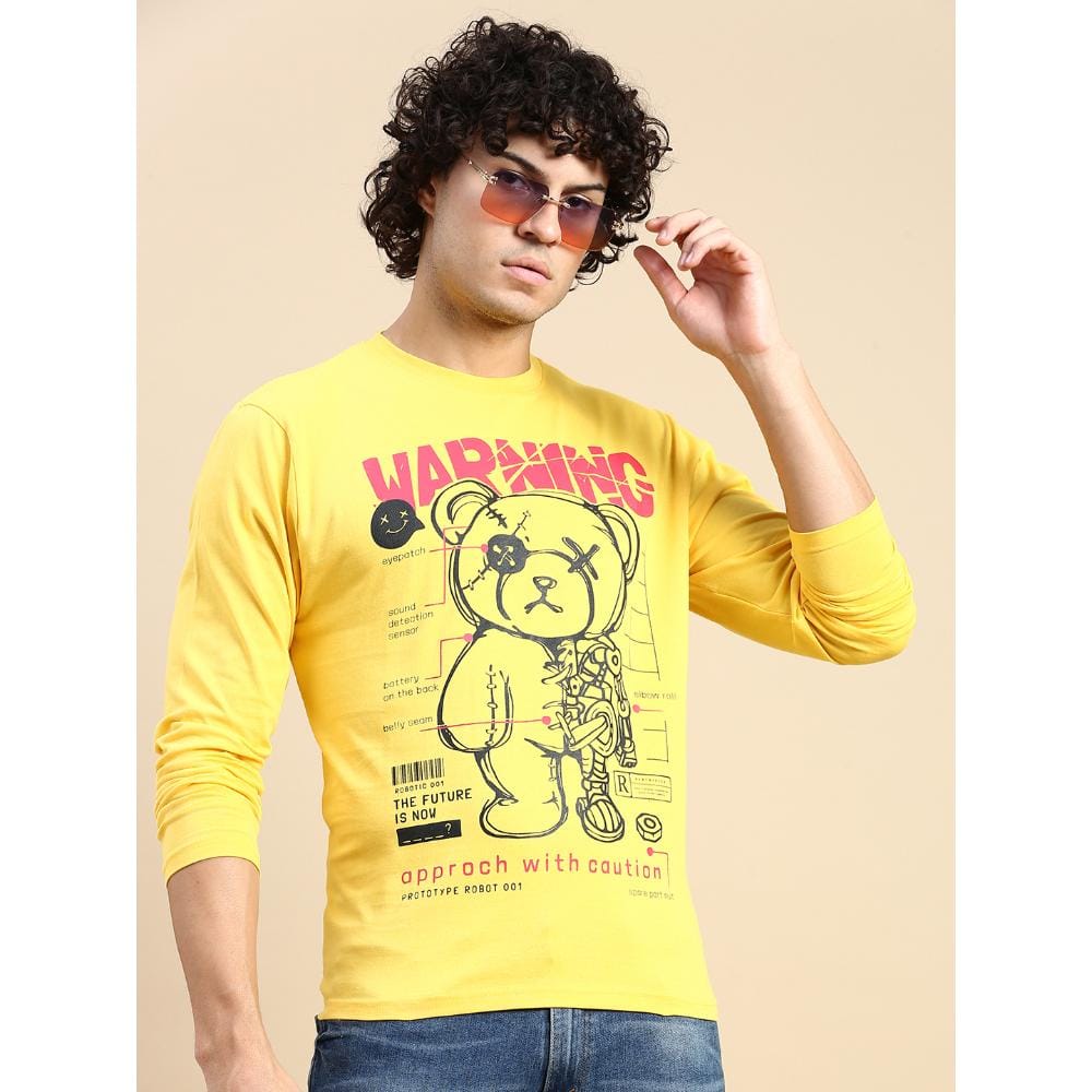 BLACK RADIO Mens Round neck Long Sleeve Graphic Printed Yellow T-Shirt