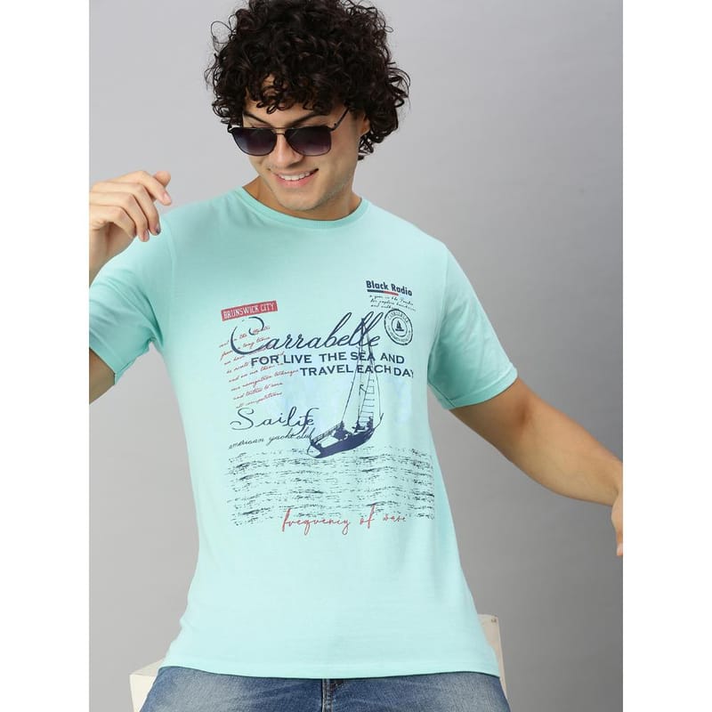 BLACK RADIO Mens Round neck Short Sleeve Graphic Printed Aqua T-Shirt