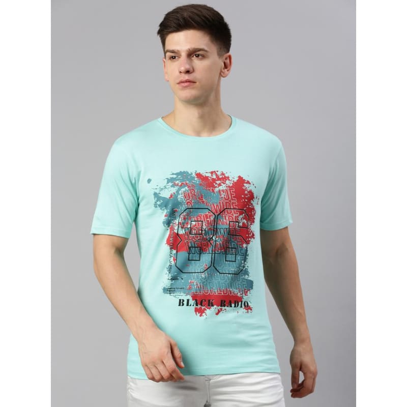 BLACK RADIO Mens Round neck Short Sleeve Graphic Printed Aqua T-Shirt