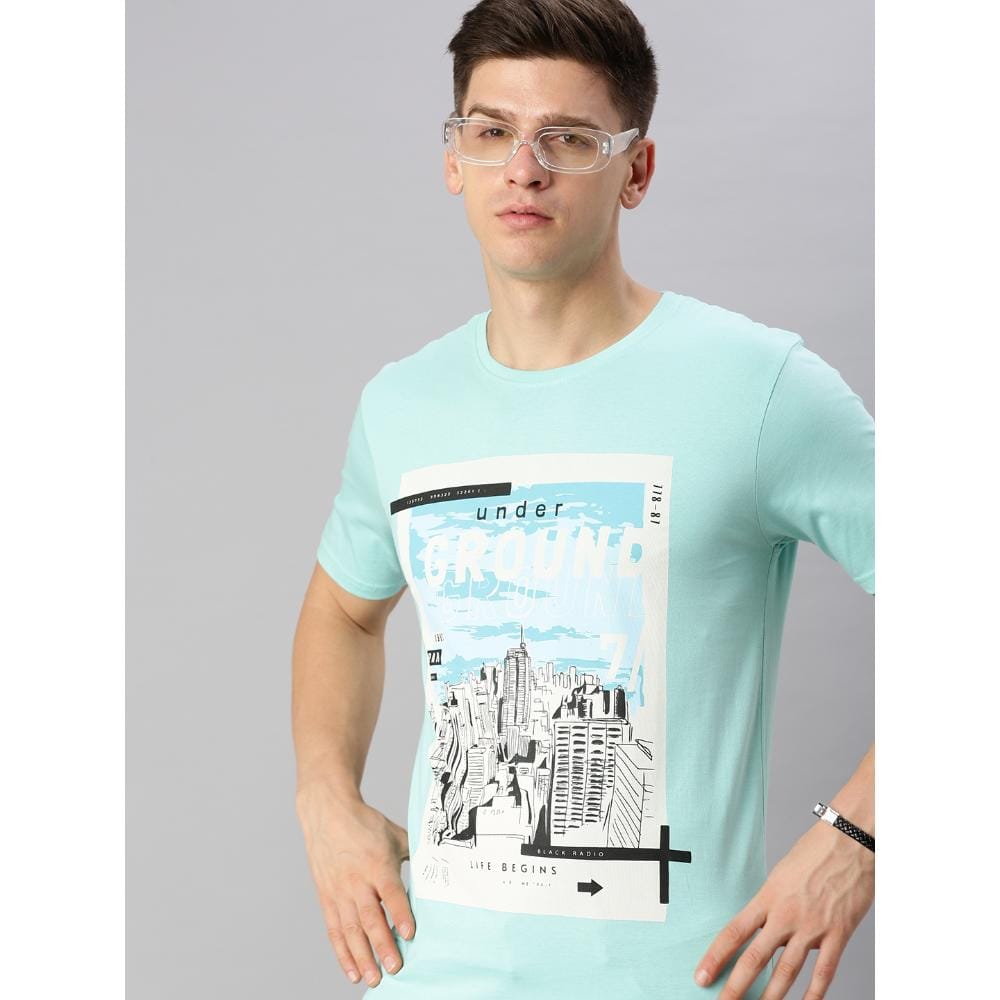 BLACK RADIO Mens Round neck Short Sleeve Graphic Printed Aqua T-Shirt