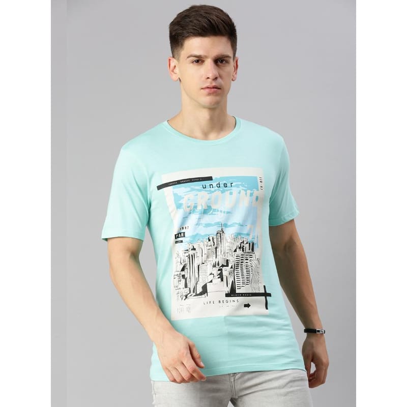 BLACK RADIO Mens Round neck Short Sleeve Graphic Printed Aqua T-Shirt