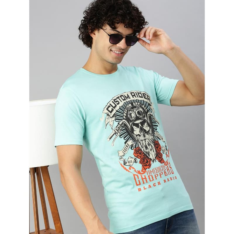 BLACK RADIO Mens Round neck Short Sleeve Graphic Printed Aqua T-Shirt