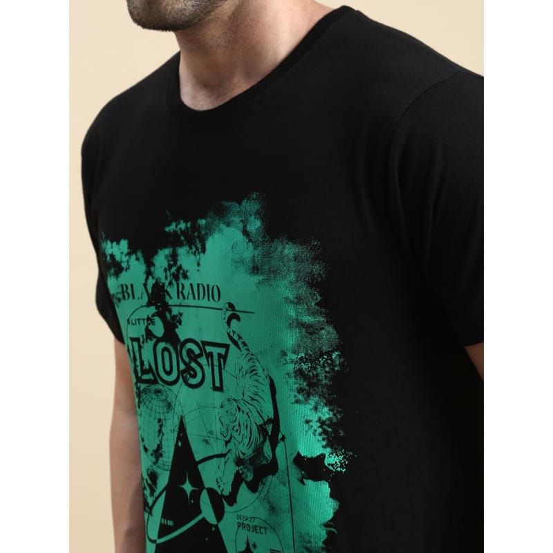 BLACK RADIO Mens Round neck Short Sleeve Graphic Printed Black T-Shirt