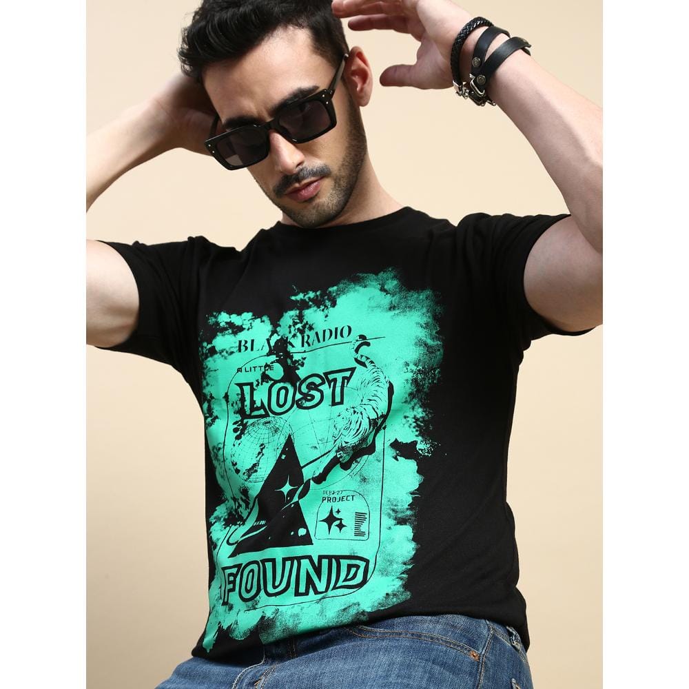 BLACK RADIO Mens Round neck Short Sleeve Graphic Printed Black T-Shirt