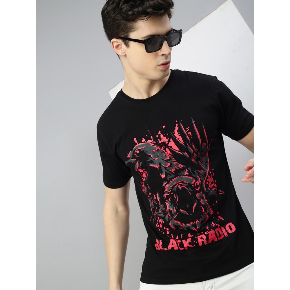 BLACK RADIO Mens Round neck Short Sleeve Graphic Printed Black T-Shirt