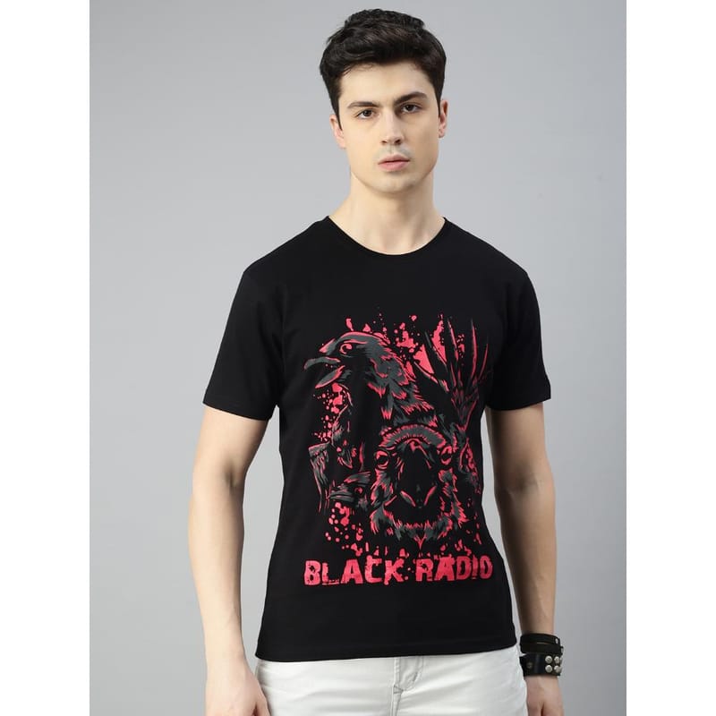 BLACK RADIO Mens Round neck Short Sleeve Graphic Printed Black T-Shirt