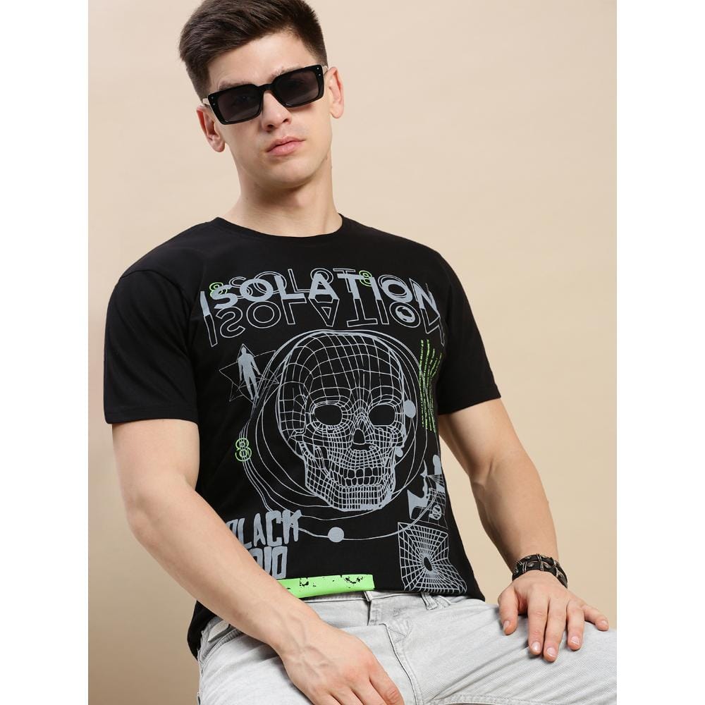 BLACK RADIO Mens Round neck Short Sleeve Graphic Printed Black T-Shirt