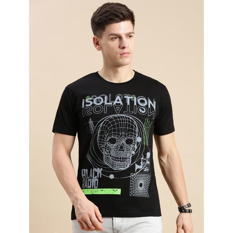 BLACK RADIO Mens Round neck Short Sleeve Graphic Printed Black T-Shirt