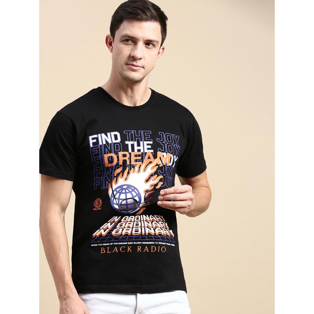 BLACK RADIO Mens Round neck Short Sleeve Graphic Printed Black T-Shirt