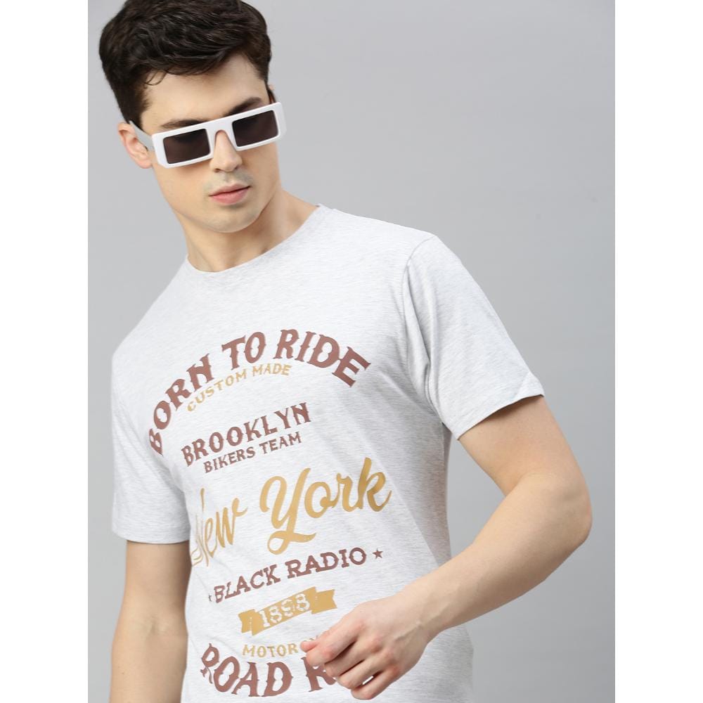 BLACK RADIO Mens Round neck Short Sleeve Graphic Printed Off White T-Shirt