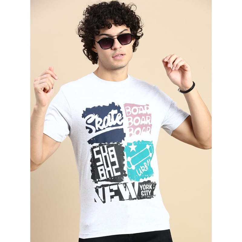 BLACK RADIO Mens Round neck Short Sleeve Graphic Printed Off White T-Shirt