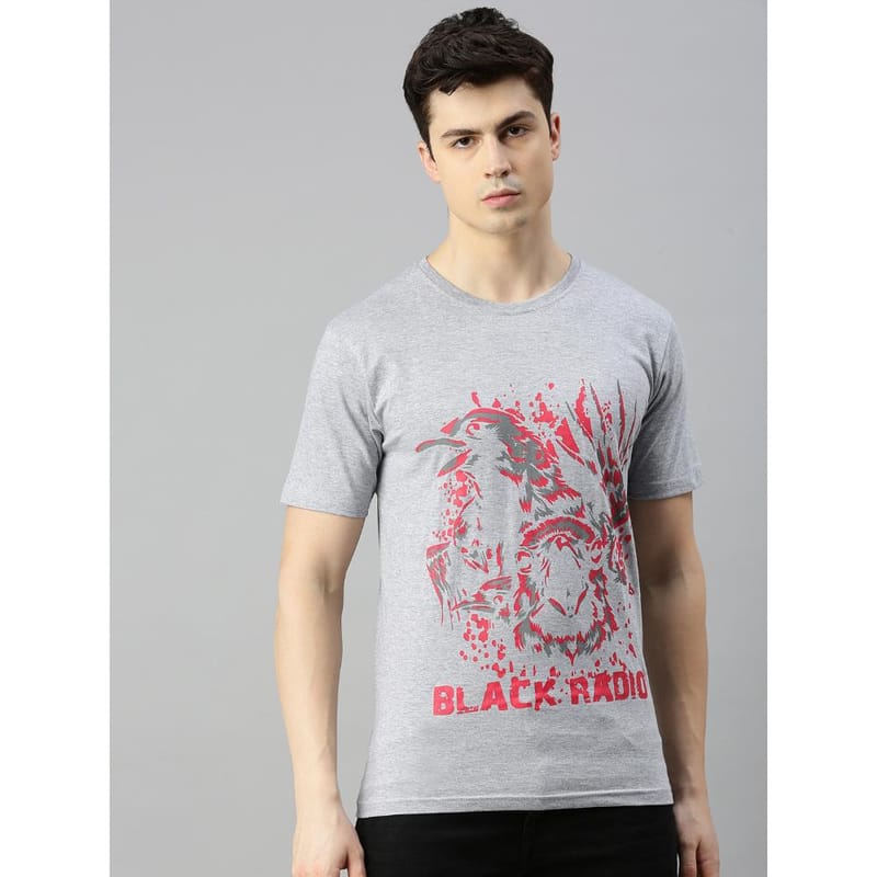 BLACK RADIO Mens Round neck Short Sleeve Graphic Printed  Grey Melange T-Shirt