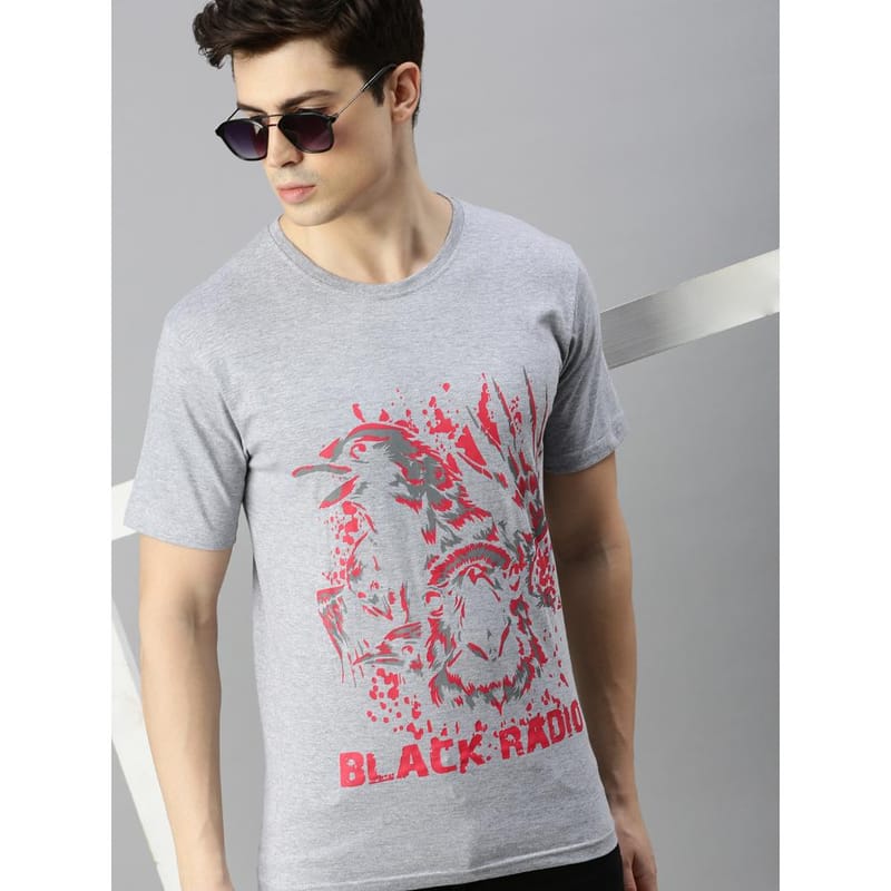 BLACK RADIO Mens Round neck Short Sleeve Graphic Printed  Grey Melange T-Shirt