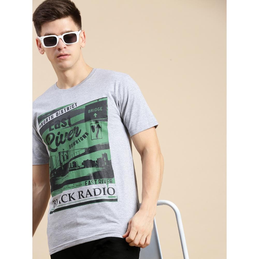 BLACK RADIO Mens Round neck Short Sleeve Graphic Printed  Grey Melange T-Shirt