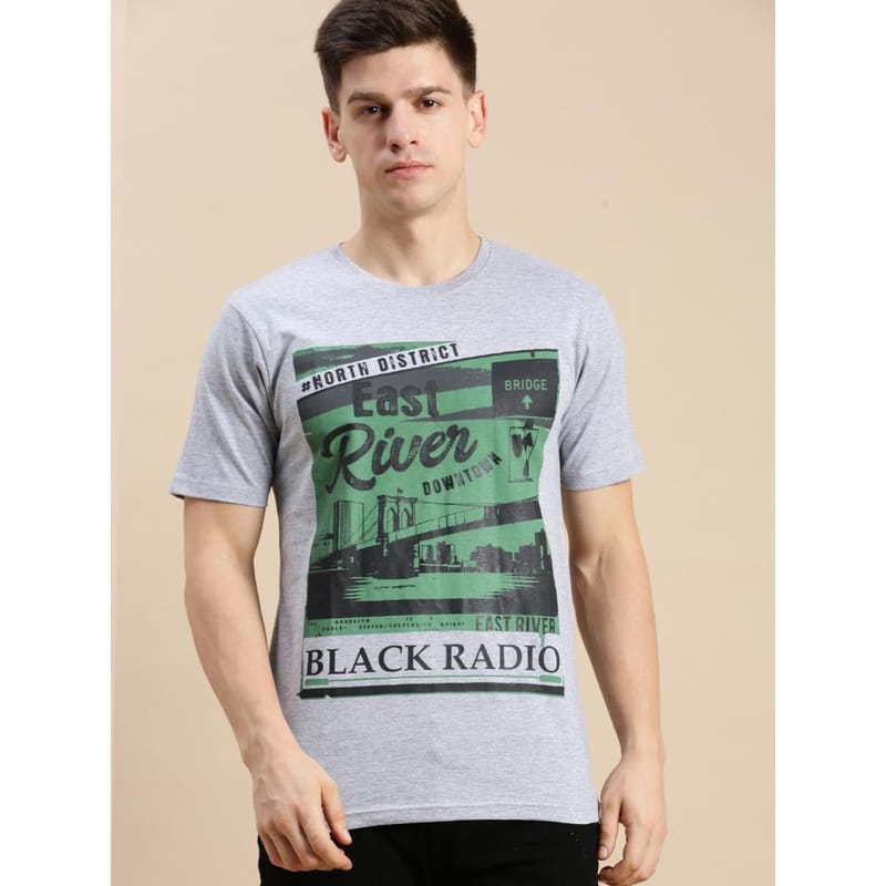 BLACK RADIO Mens Round neck Short Sleeve Graphic Printed  Grey Melange T-Shirt